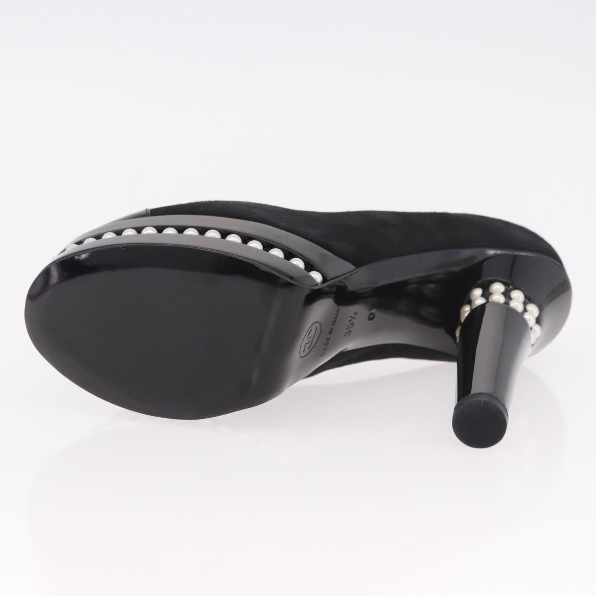 CHANEL Pearl Pumps Suede 35 1/2 Black CC Auth am11955M