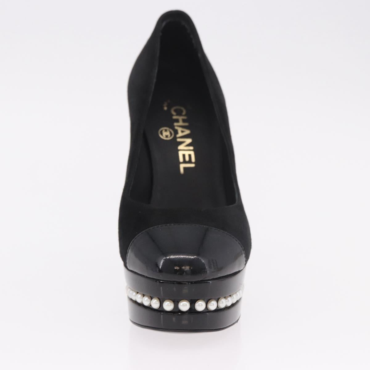 CHANEL Pearl Pumps Suede 35 1/2 Black CC Auth am11955M