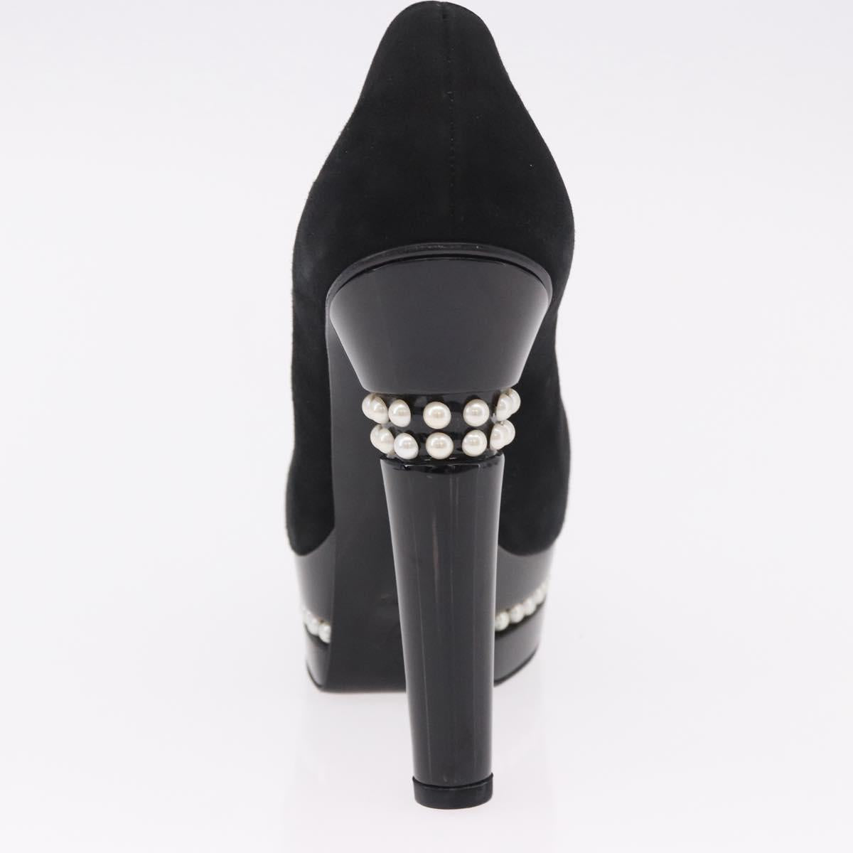 CHANEL Pearl Pumps Suede 35 1/2 Black CC Auth am11955M