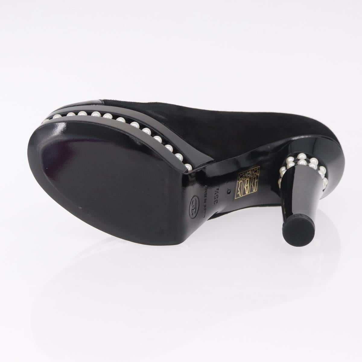 CHANEL Pearl Pumps Suede 35 1/2 Black CC Auth am11955M