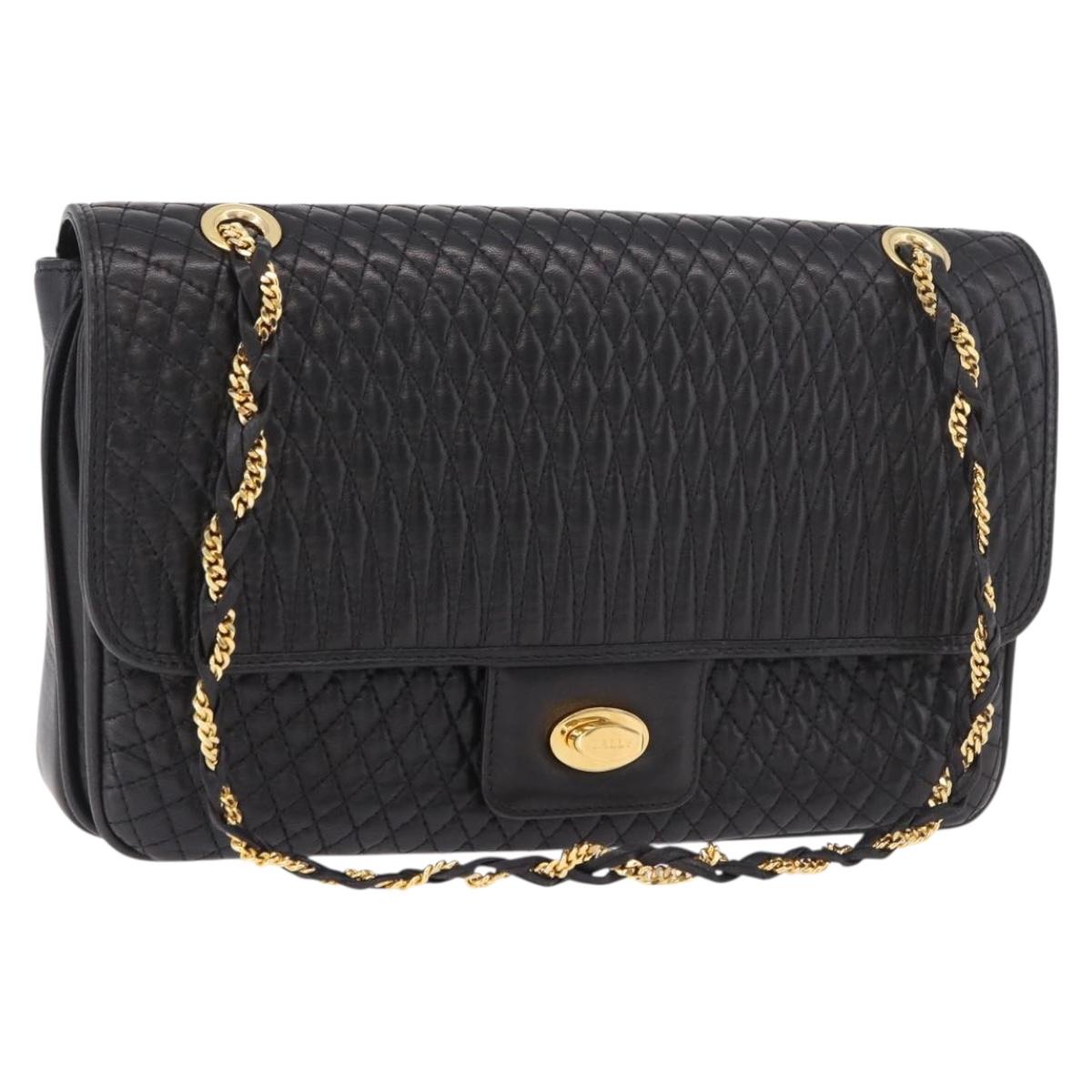 BALLY Double Flap Chain Shoulder Bag Leather Black Gold Auth am11961V