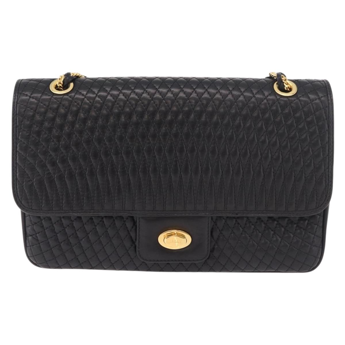 BALLY Double Flap Chain Shoulder Bag Leather Black Gold Auth am11961V