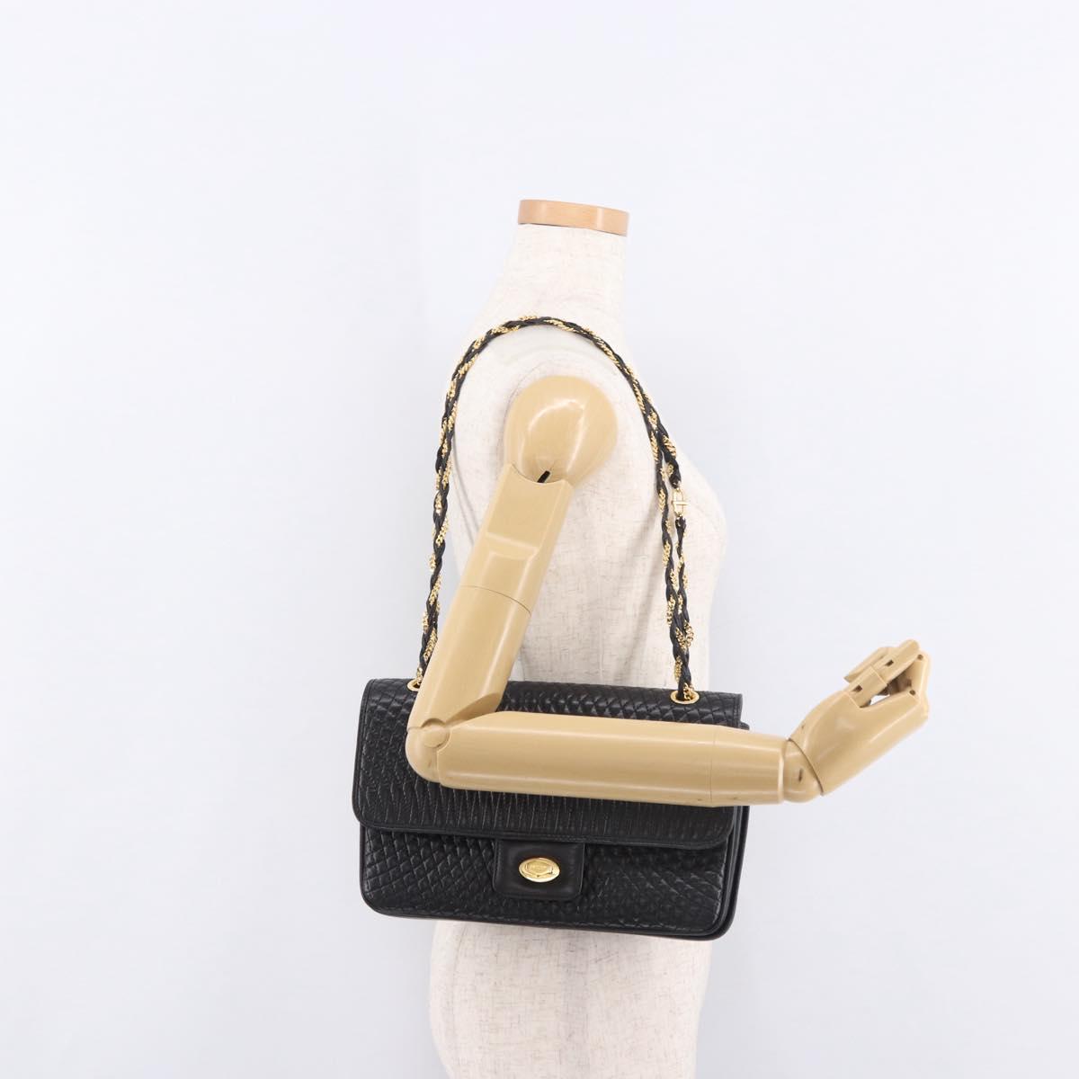 BALLY Double Flap Chain Shoulder Bag Leather Black Gold Auth am11961V
