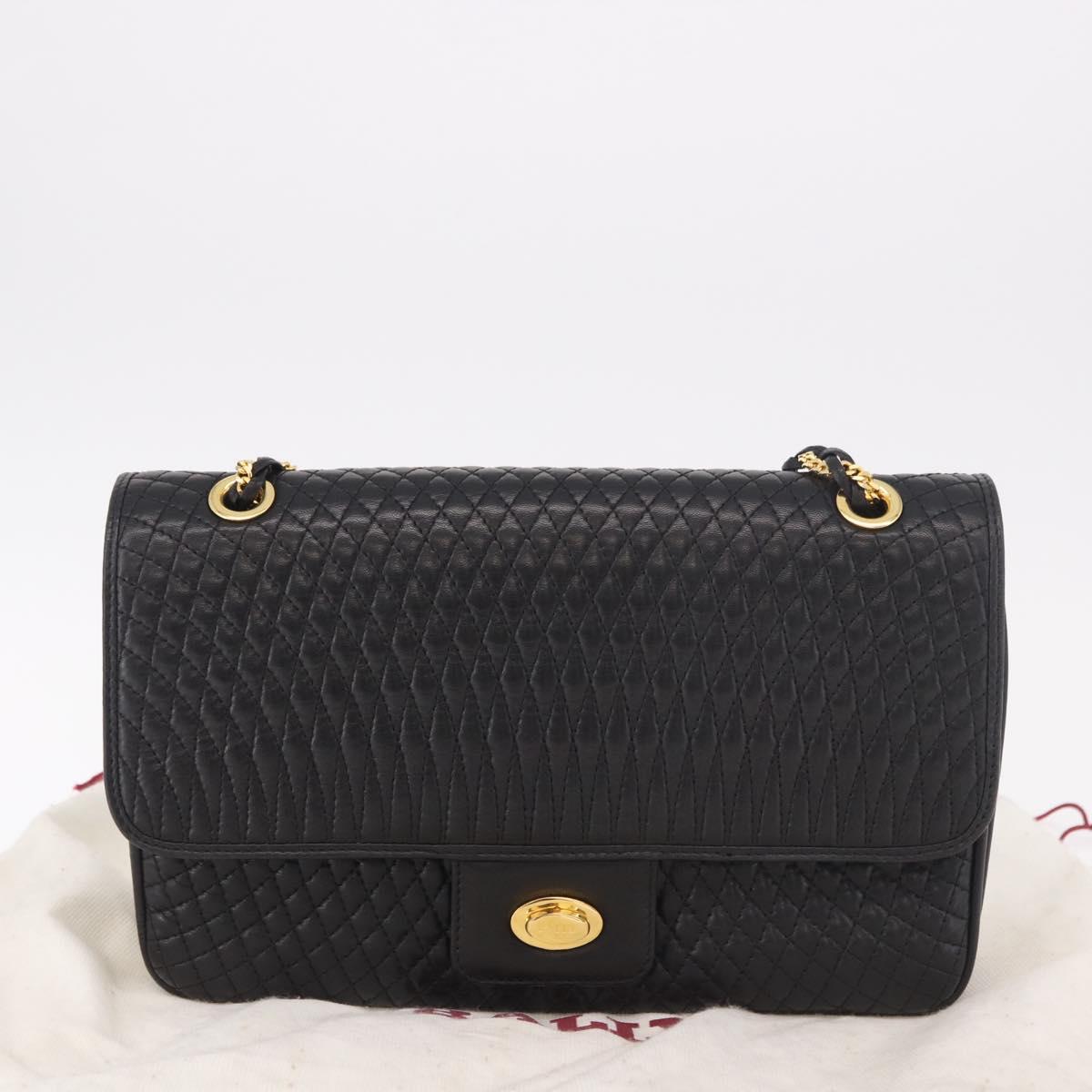 BALLY Double Flap Chain Shoulder Bag Leather Black Gold Auth am11961V