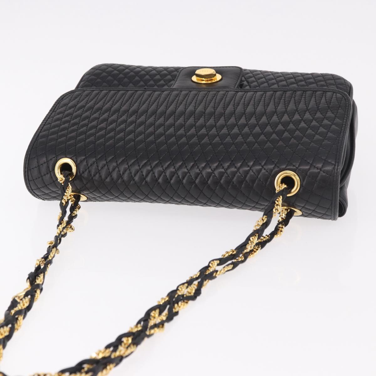 BALLY Double Flap Chain Shoulder Bag Leather Black Gold Auth am11961V