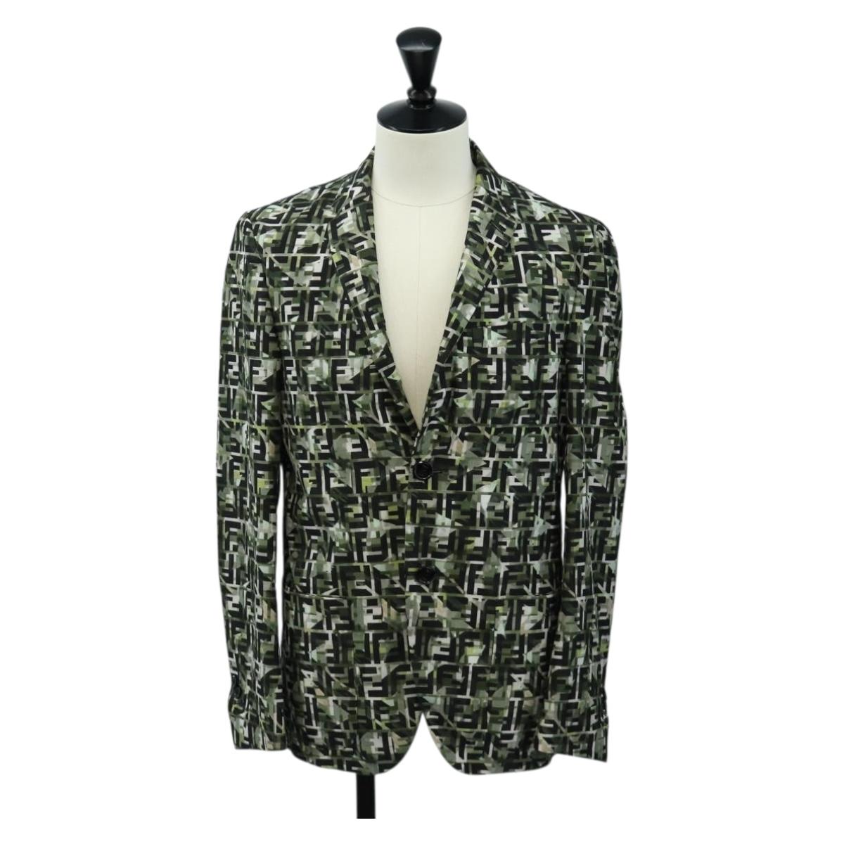 FENDI Tailored Jacket Zucca Canvas polyester 44 Green Black Auth am11963V