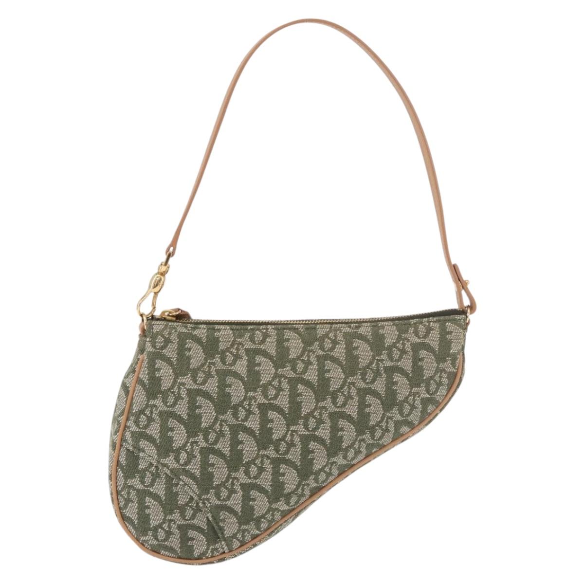 Christian Dior Trotter Canvas Saddle Pouch Khaki Gold Auth am11965V