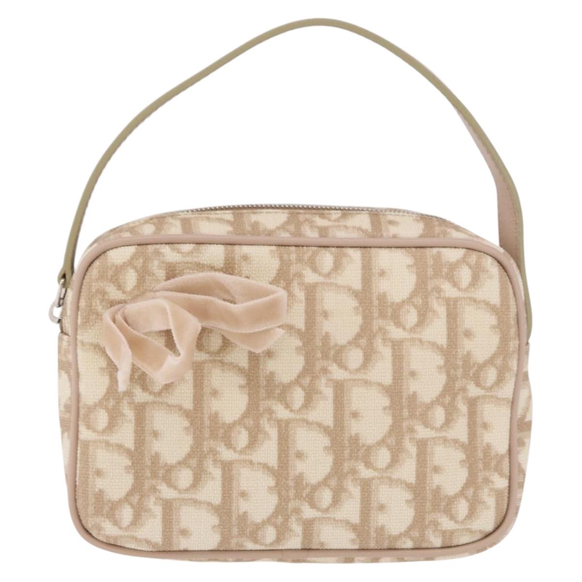 Christian Dior Trotter Canvas Romantic Hand Pouch PVC Beige Silver Auth am11980V