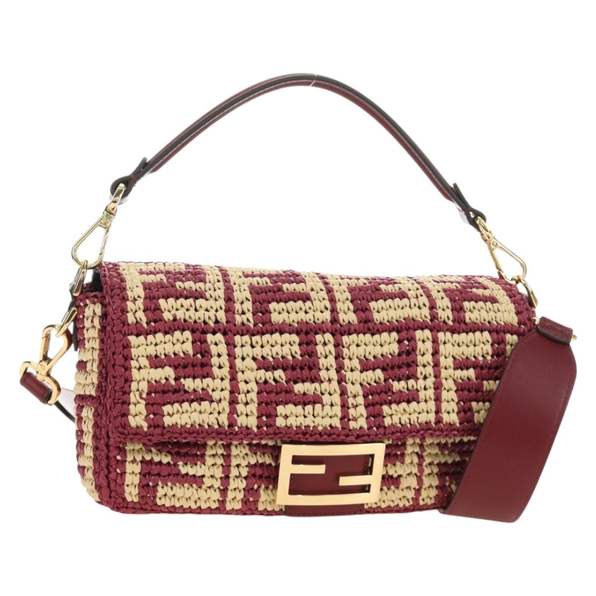 FENDI Zucca Canvas Mamma Baguette Bag Raffia 2way Beige Gold Auth am11981SM
