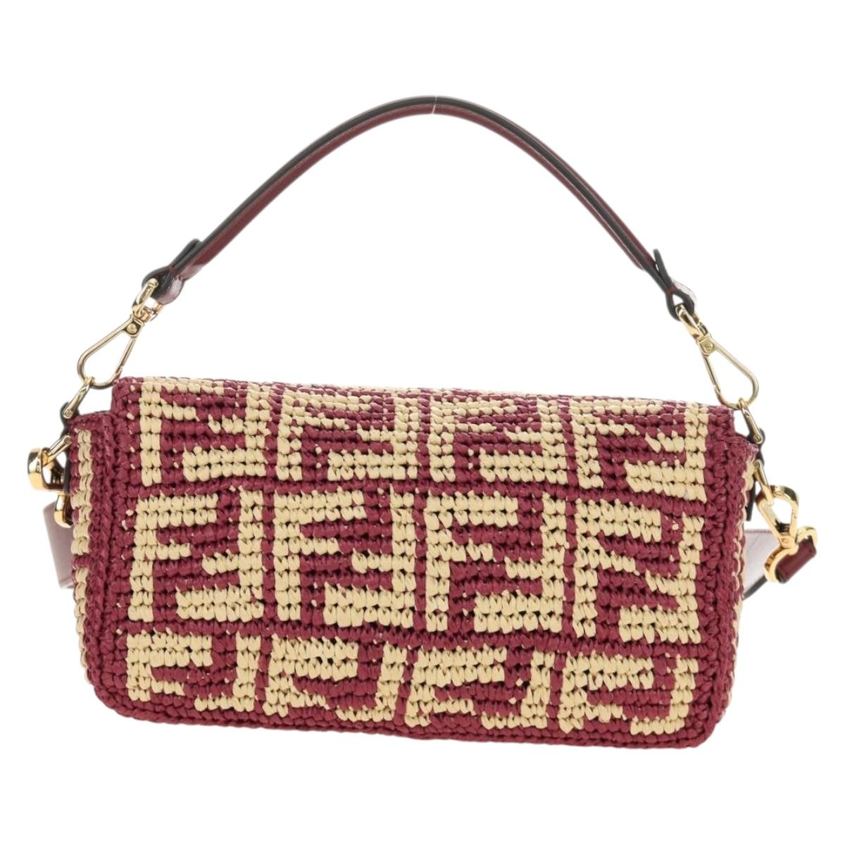 FENDI Zucca Canvas Mamma Baguette Bag Raffia 2way Beige Gold Auth am11981SM