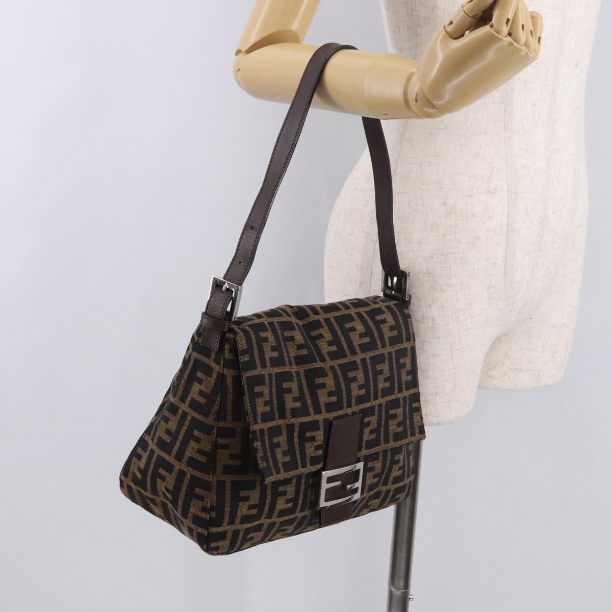 FENDI Zucca Canvas Mamma Baguette Shoulder Bag Black Brown Auth am11982V