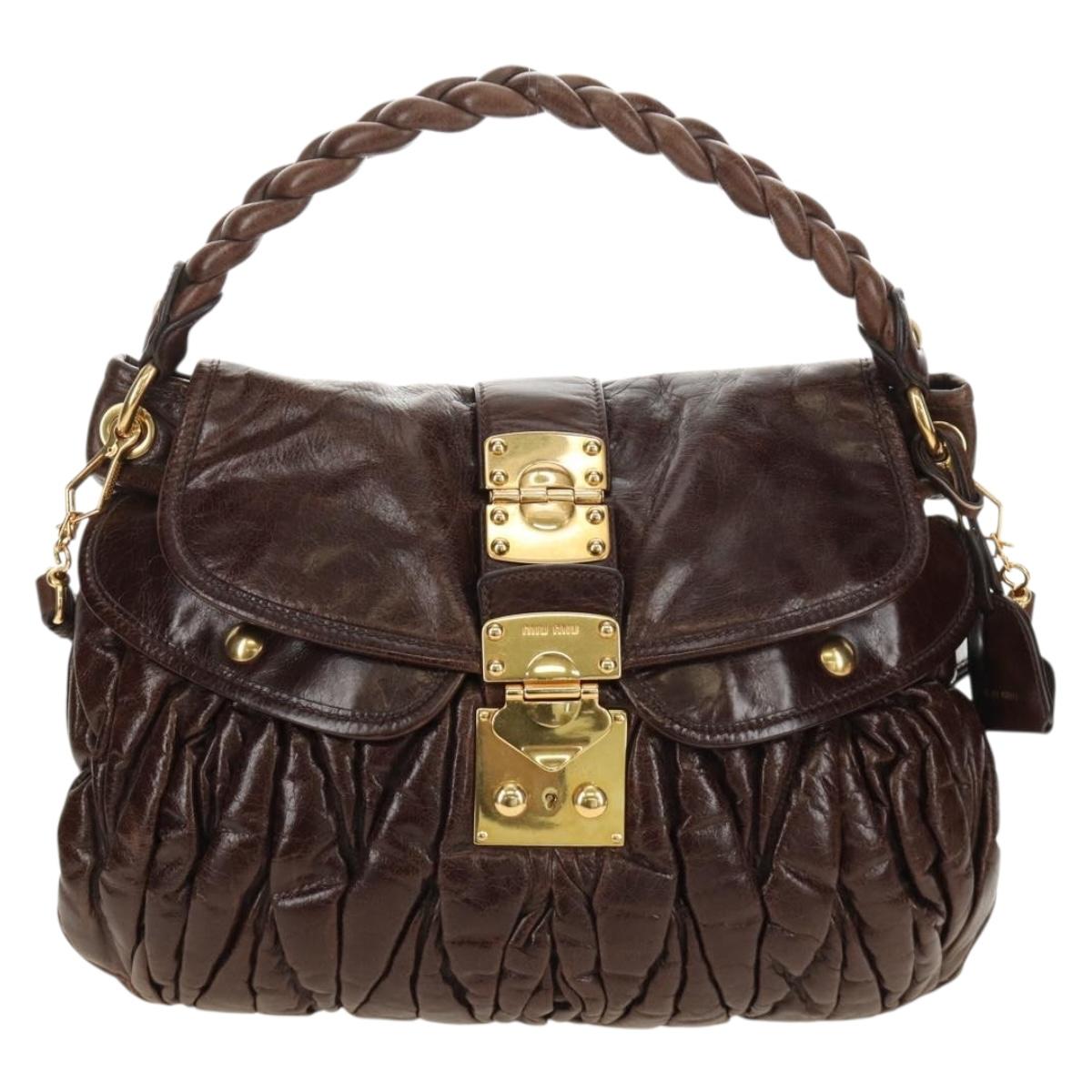 Miu Miu Ready Lock Shoulder Hand Bag Leather 2way Brown Gold Auth am11986V