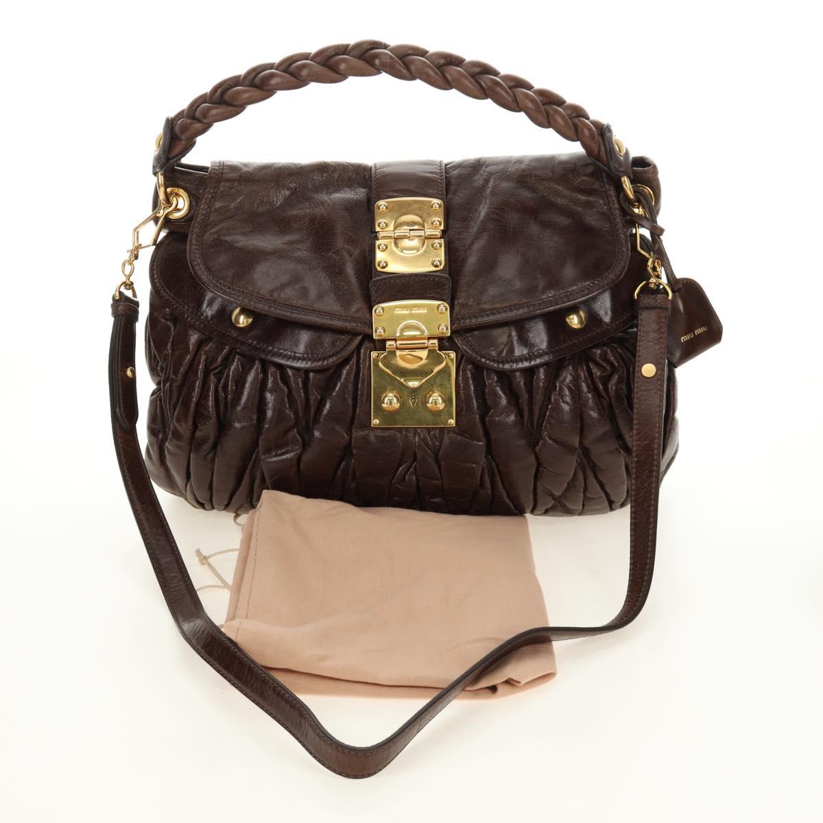 Miu Miu Ready Lock Shoulder Hand Bag Leather 2way Brown Gold Auth am11986V