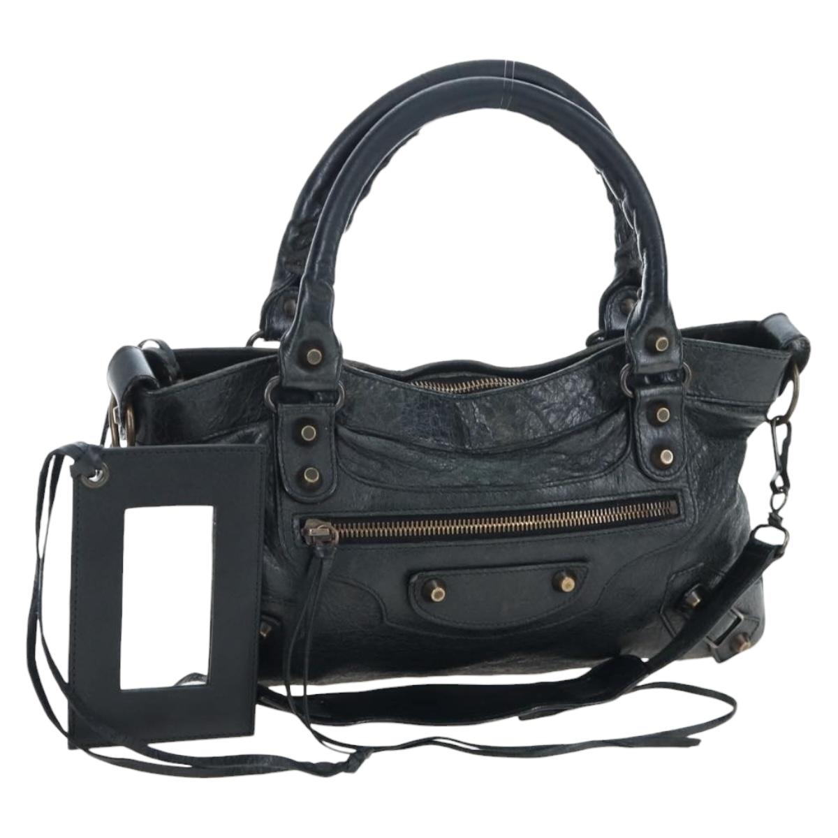 BALENCIAGA The First Hand Bag Leather Black Gold 103208 Auth am11987SAV