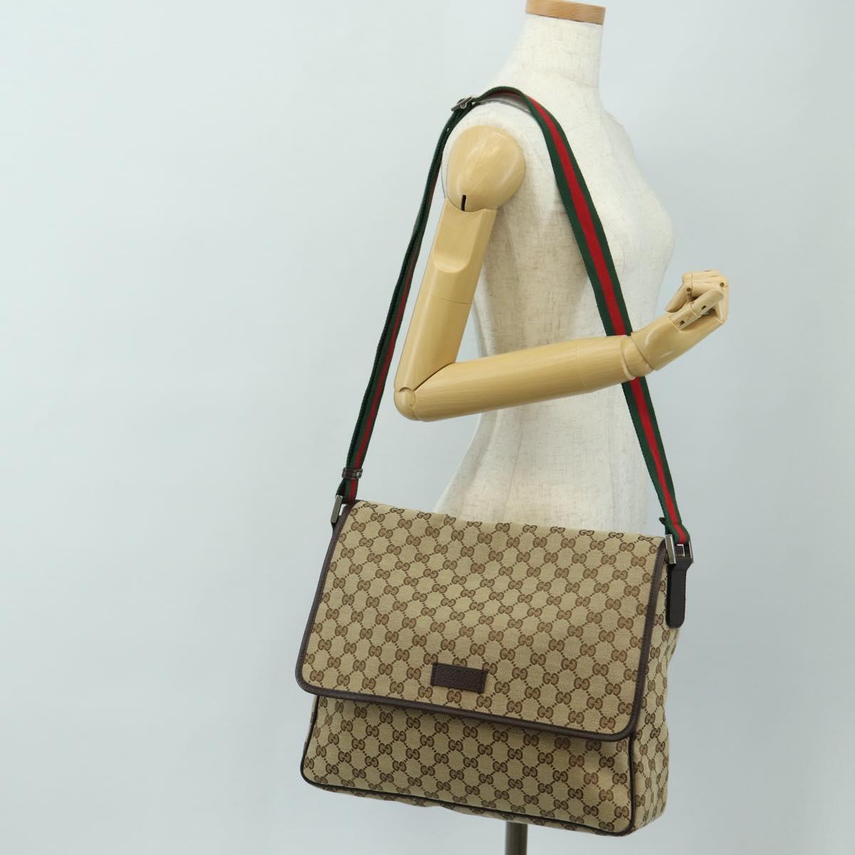 GUCCI GG Canvas Web Sherry Line Shoulder Bag Beige Silver 23302 Auth am11988V
