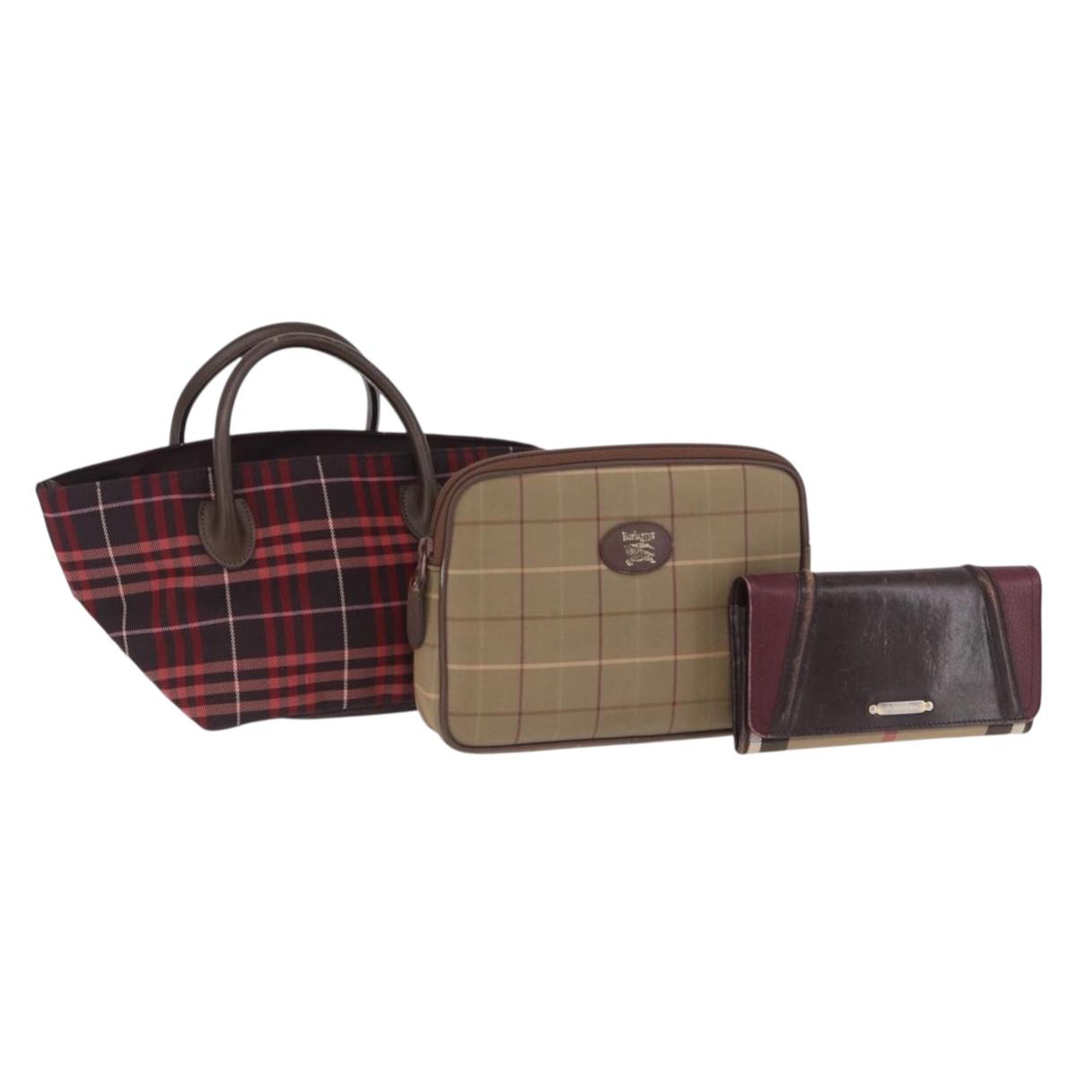 Burberrys Burberry Nova Check Blue Label Bag Nylon 3 Set Brown Red Auth am11993