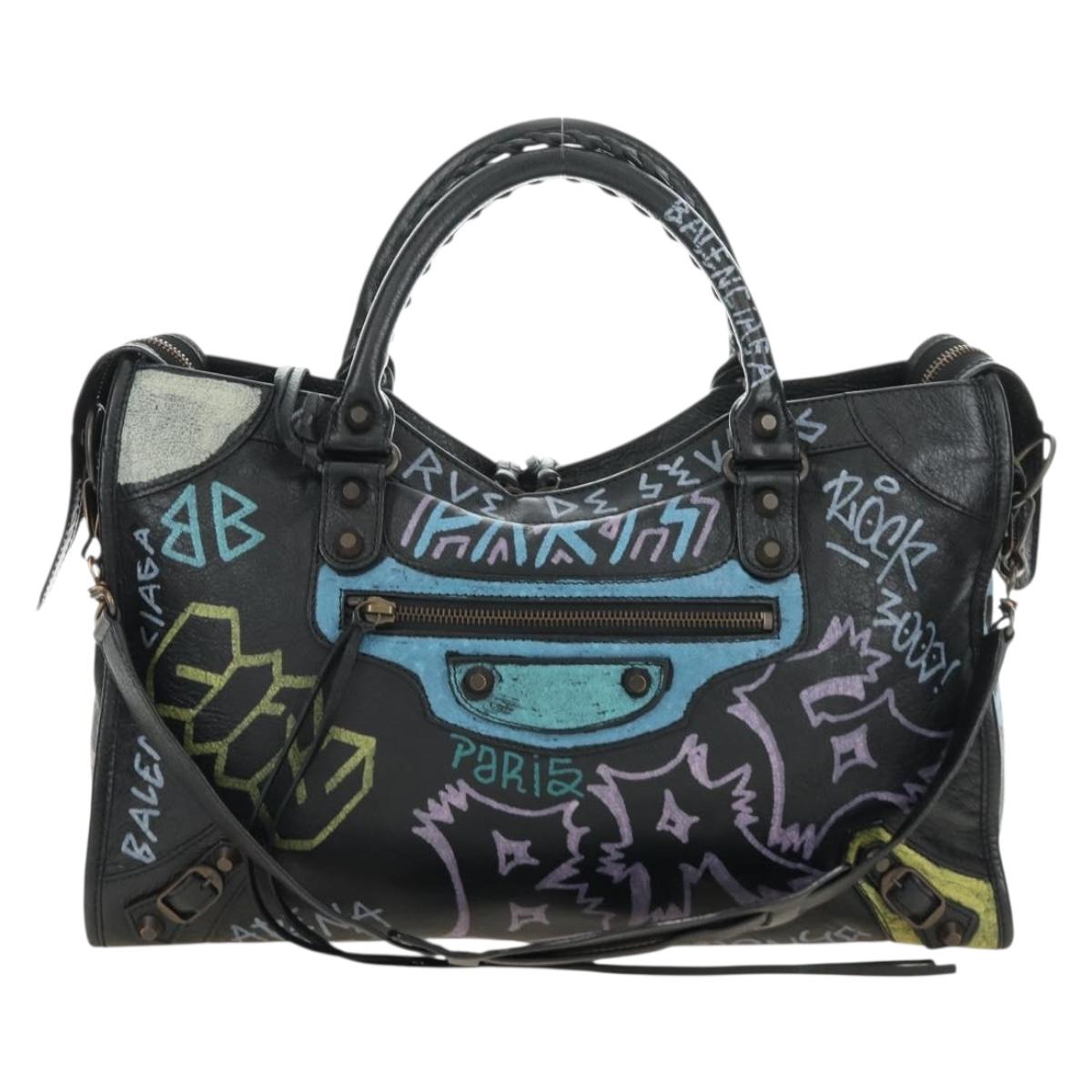 BALENCIAGA Graffiti The City Hand Bag Leather 2way Black 115748 Auth am12010SAM