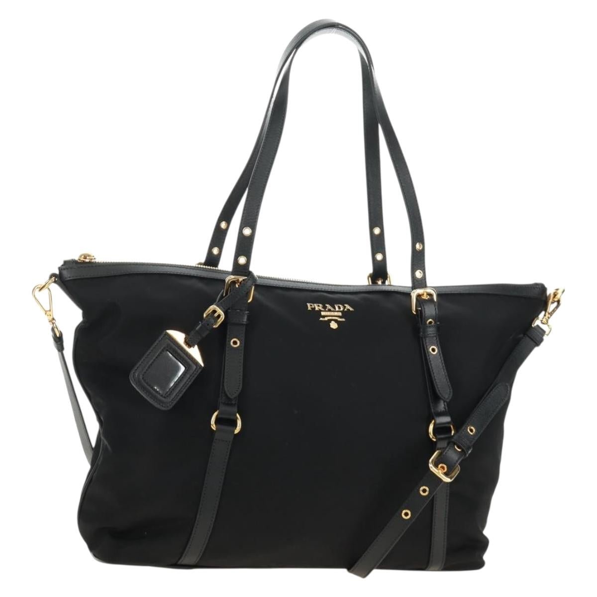 PRADA Tote Bag Nylon 2way Black Gold Auth am12027SAM