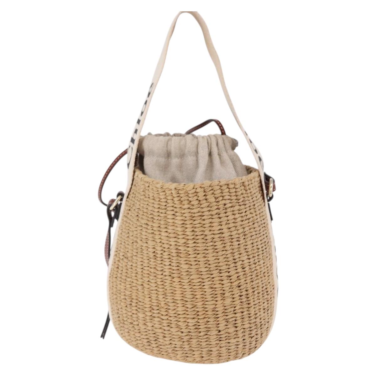 Chloe Woody Small Basket Shoulder Bag Raffia Beige Auth am12028V