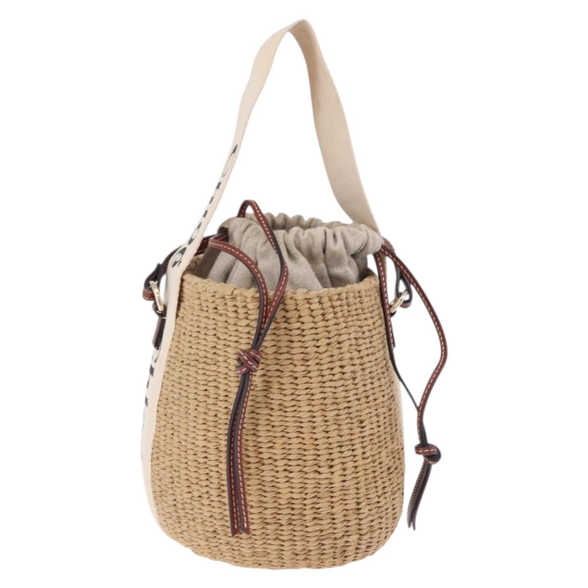 Chloe Woody Small Basket Shoulder Bag Raffia Beige Auth am12028V