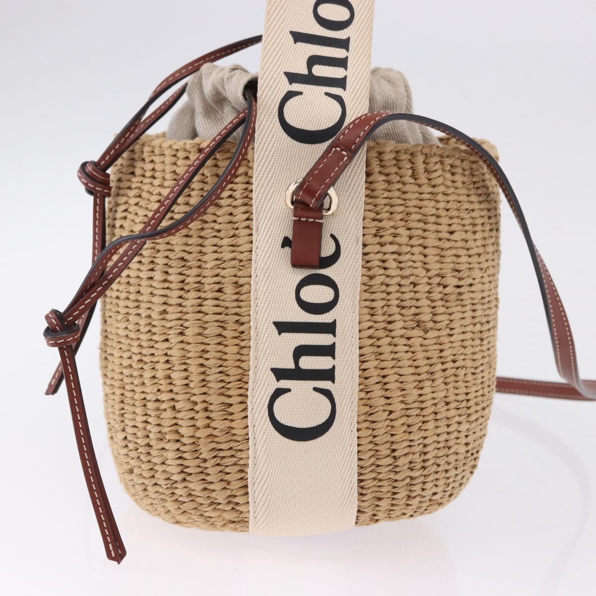 Chloe Woody Small Basket Shoulder Bag Raffia Beige Auth am12028V