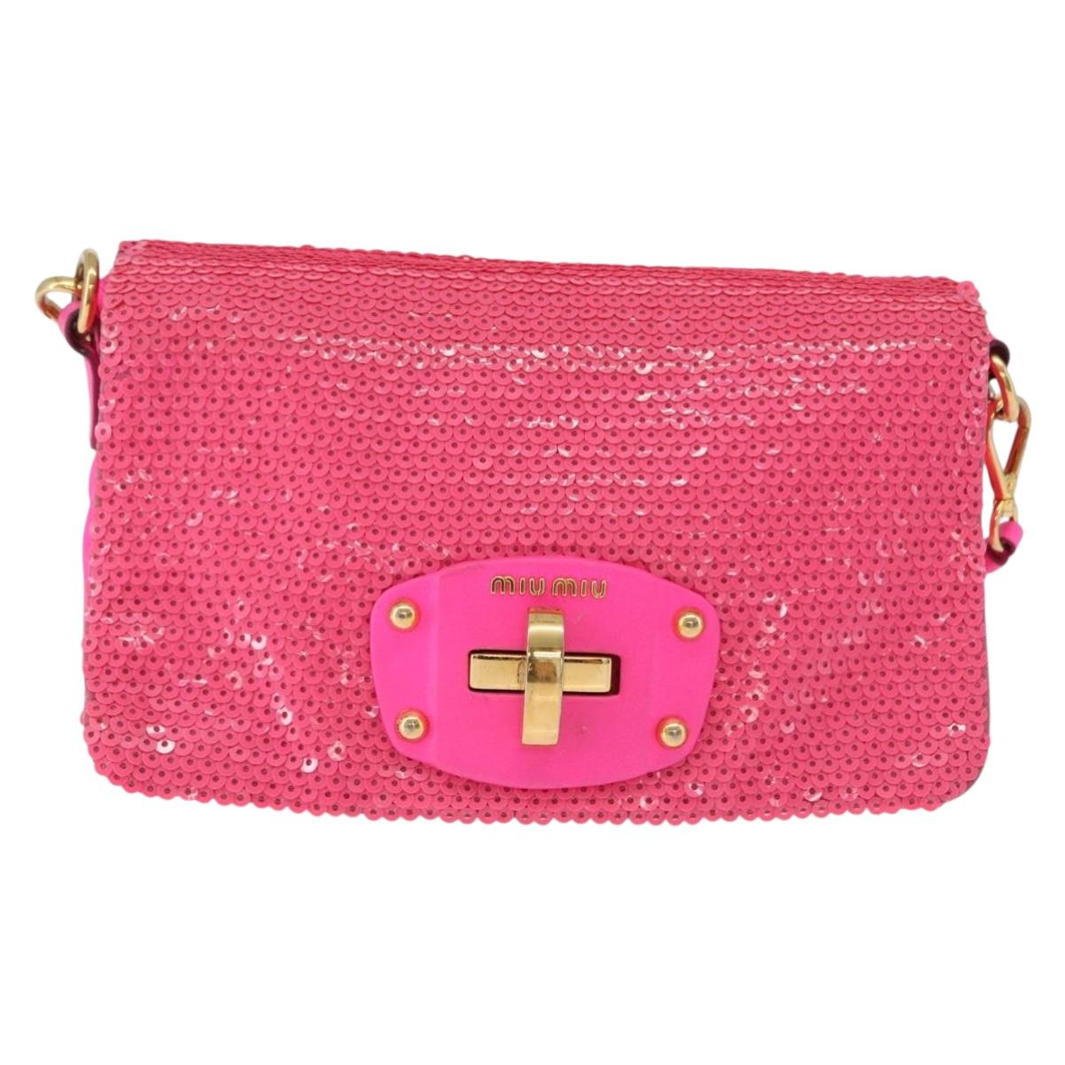 Miu Miu Shoulder Bag Leather Sequins Pink Gold Auth am12035V