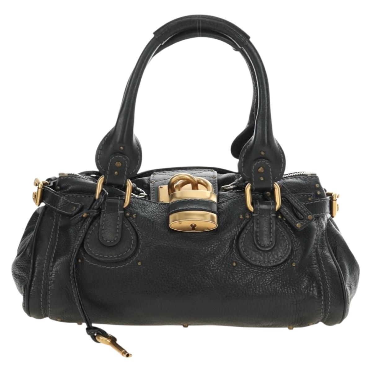 Chloe Paddington Hand Bag Leather Black Gold Silver Auth am12037V