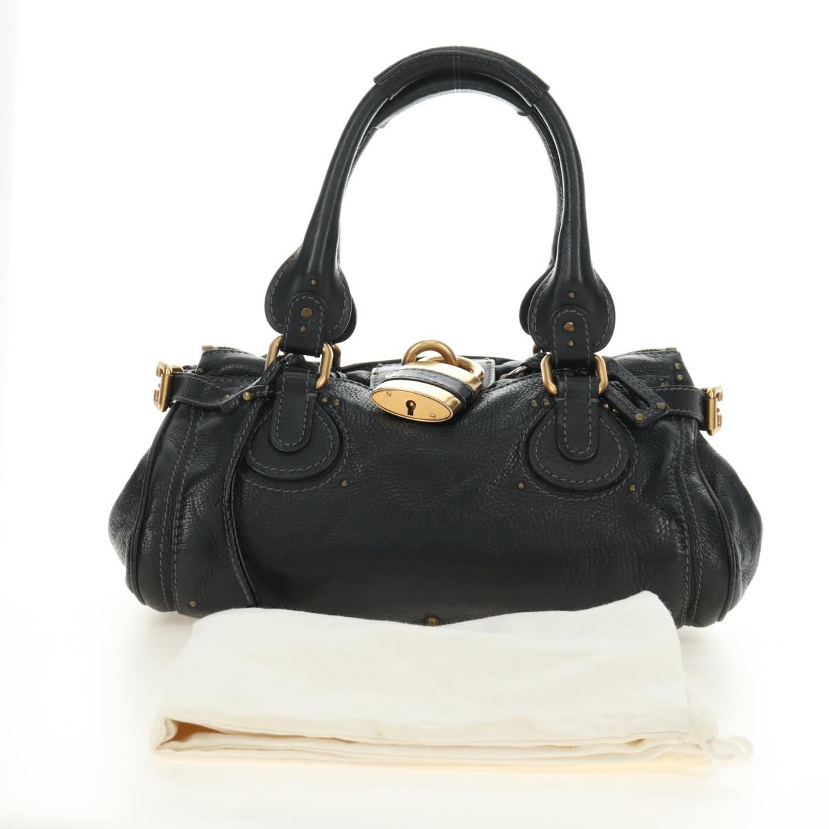 Chloe Paddington Hand Bag Leather Black Gold Silver Auth am12037V