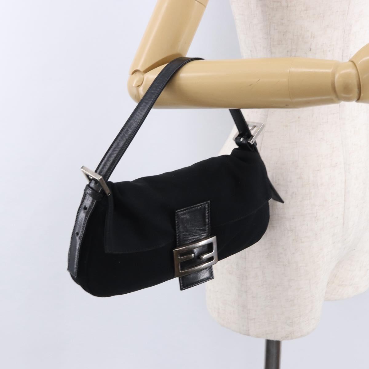 FENDI Mamma Baguette Shoulder Bag Cotton jersey Black Silver Auth am12039A