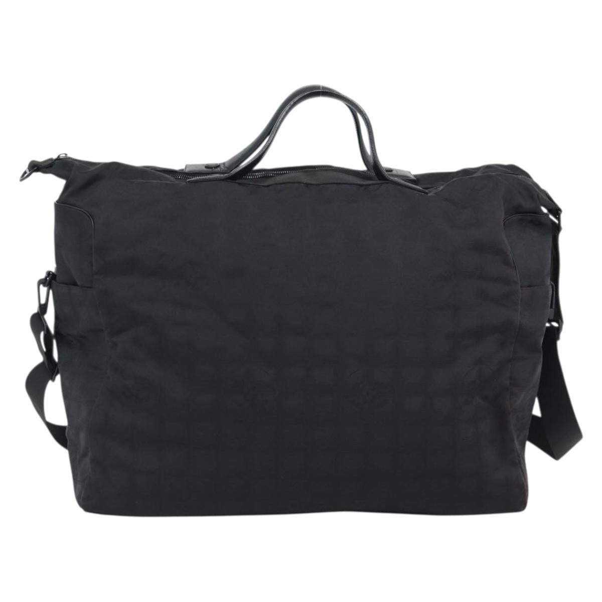 CHANEL New Travel Line Boston Bag Canvas 2way Black Silver CC Auth am12048