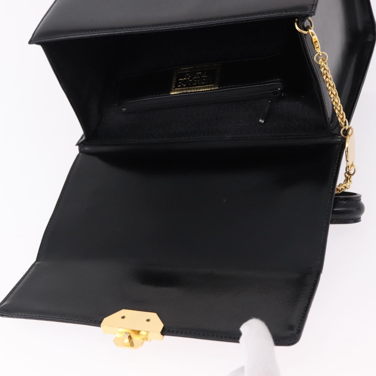 Gianni Versace Sunburst Vanity Hand Bag Leather Black Gold Auth am12056V