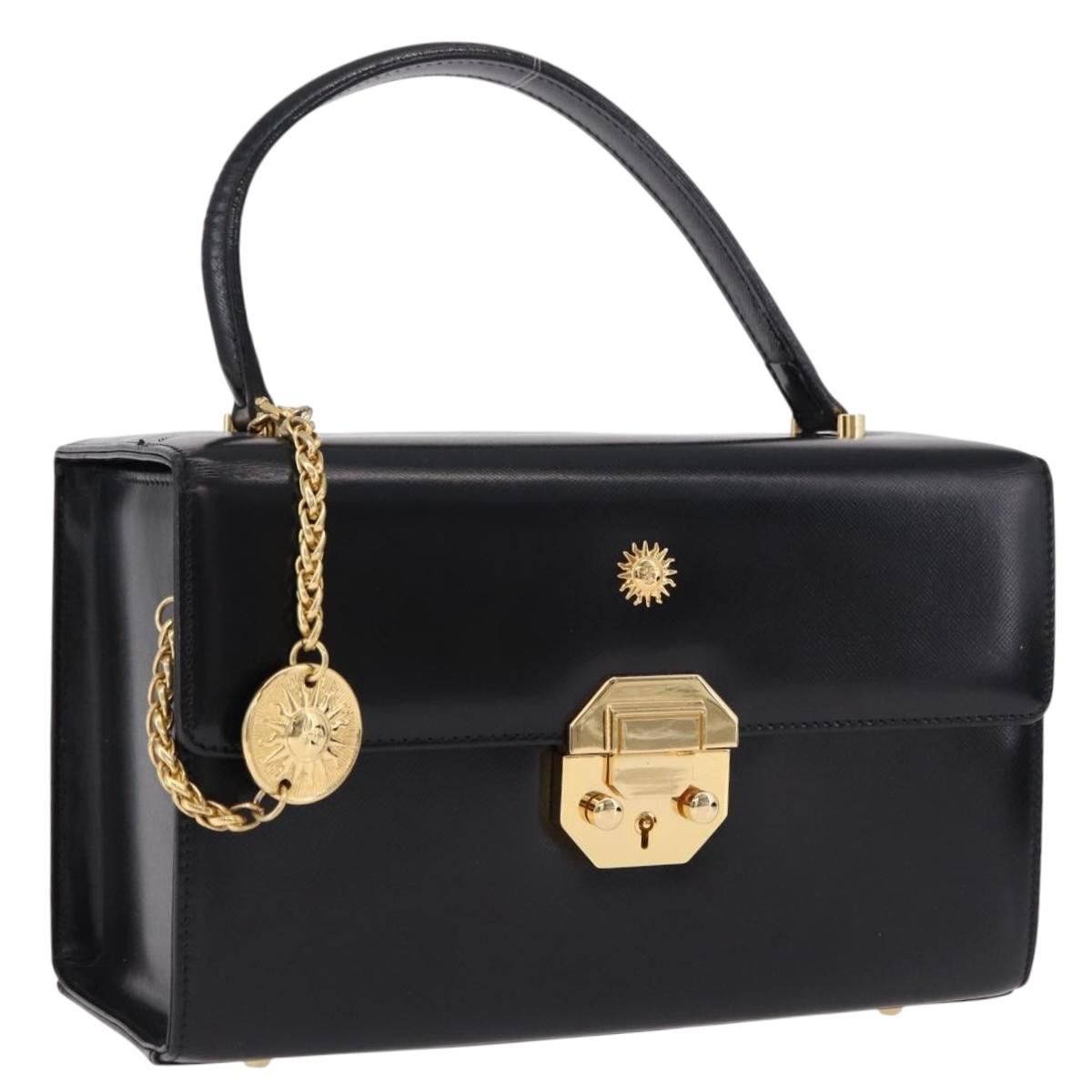 Gianni Versace Sunburst Vanity Hand Bag Leather Black Gold Auth am12056V