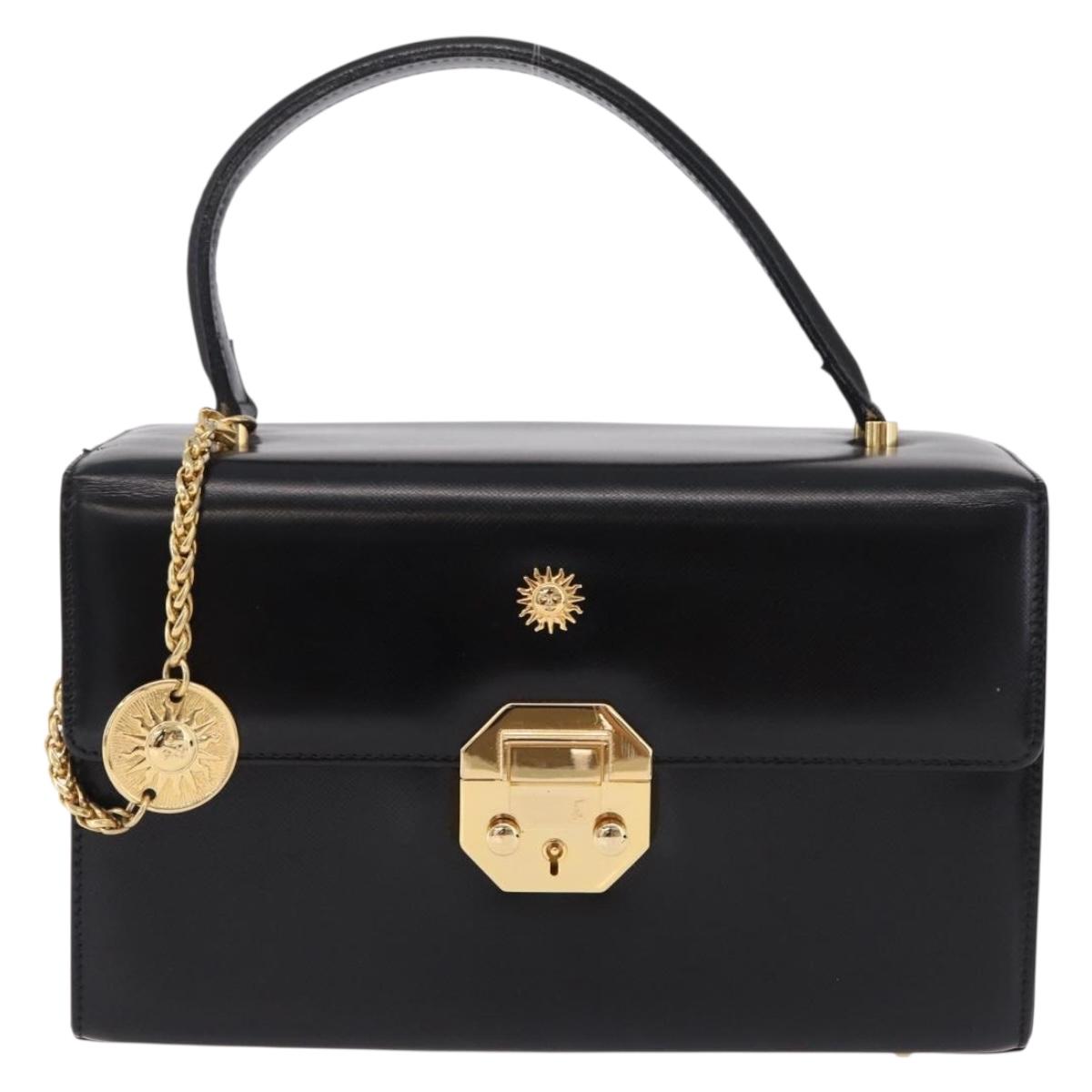 Gianni Versace Sunburst Vanity Hand Bag Leather Black Gold Auth am12056V