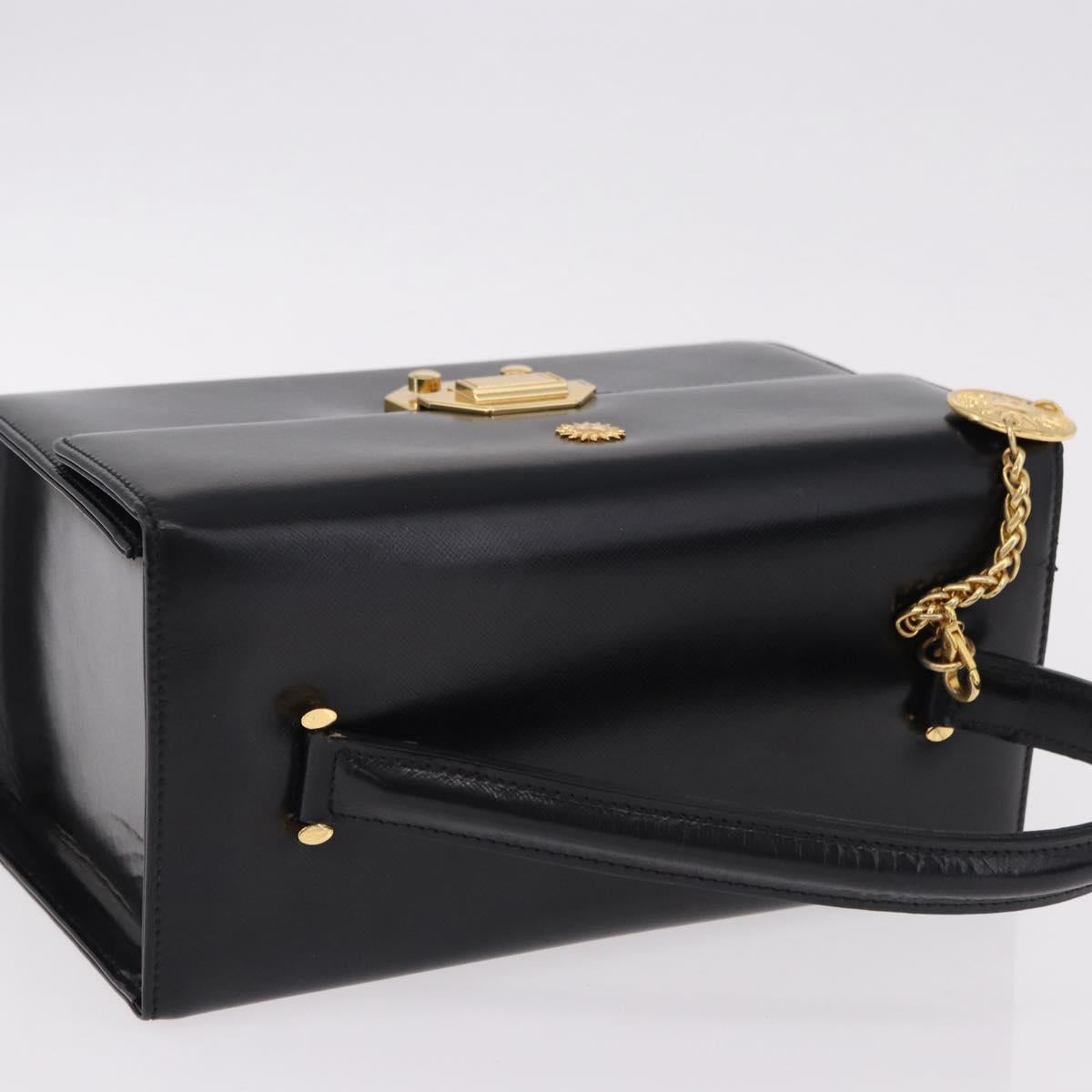 Gianni Versace Sunburst Vanity Hand Bag Leather Black Gold Auth am12056V