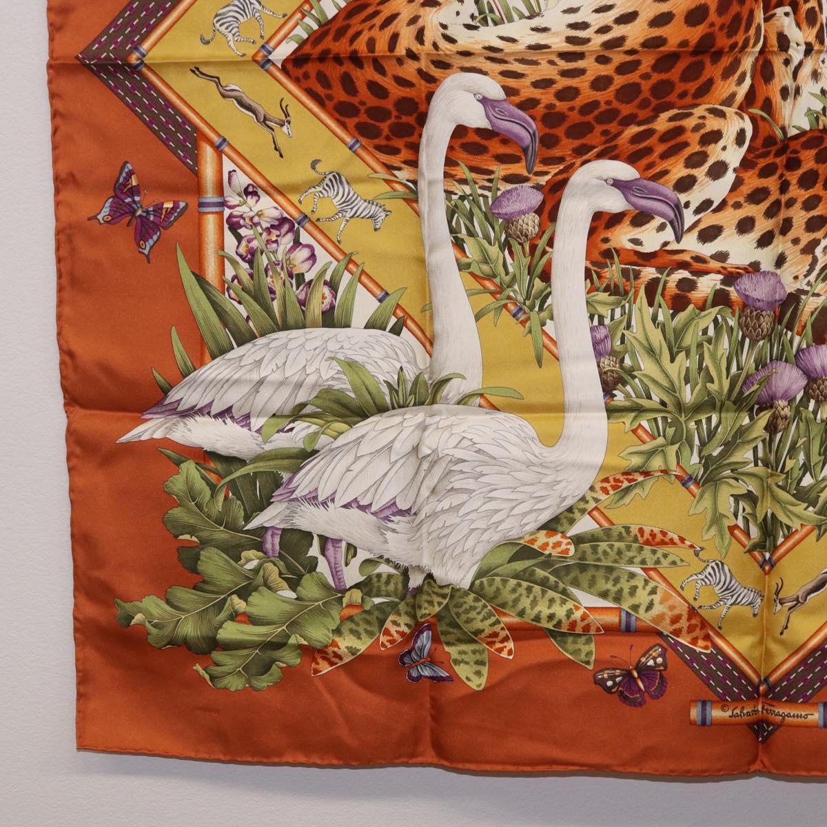 Salvatore Ferragamo Leopard Panda Animal Pattern Scarf Silk Brown Auth am12073V