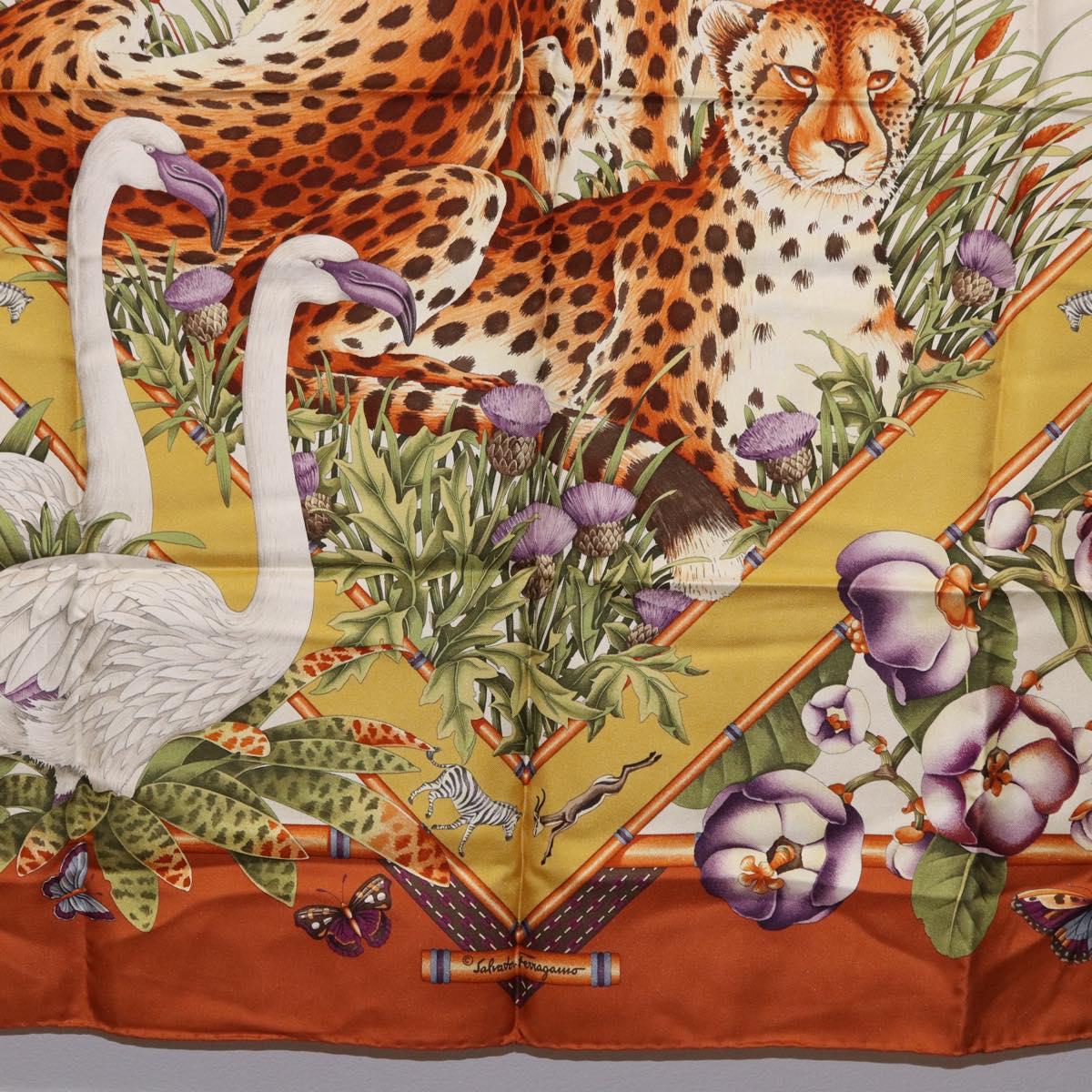 Salvatore Ferragamo Leopard Panda Animal Pattern Scarf Silk Brown Auth am12073V