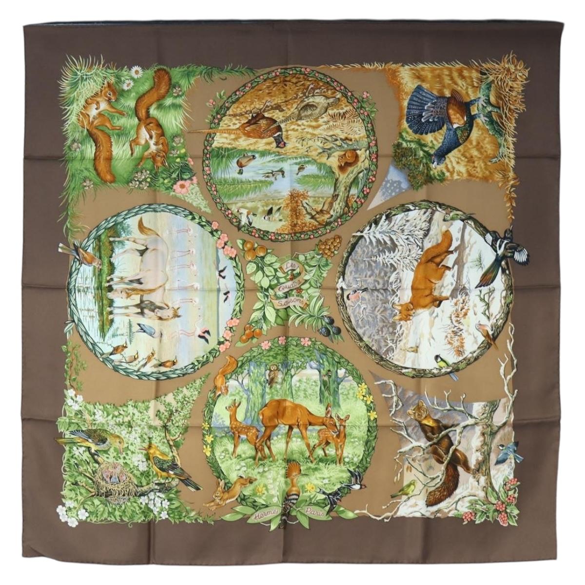 HERMES Carre 90 Scarf ”Les Quatre Saisons” Silk Brown Auth am12077M