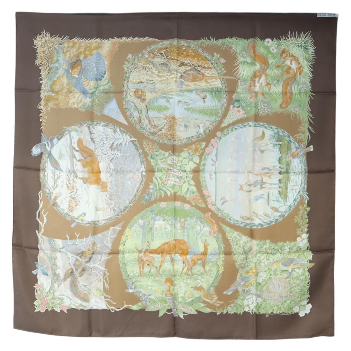 HERMES Carre 90 Scarf ”Les Quatre Saisons” Silk Brown Auth am12077M