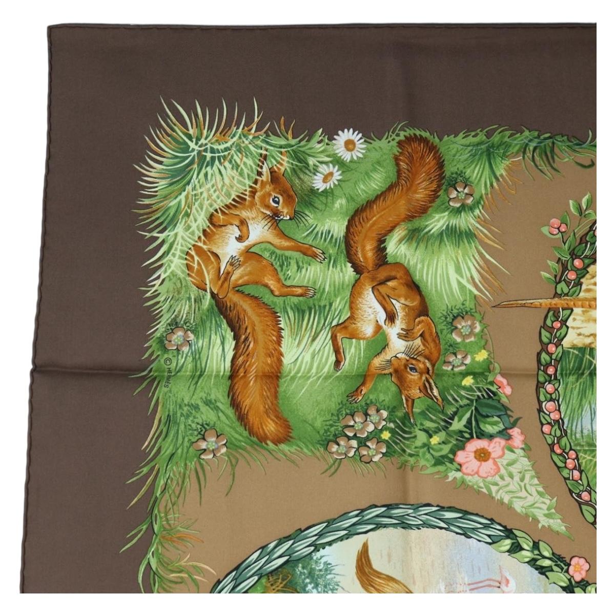 HERMES Carre 90 Scarf ”Les Quatre Saisons” Silk Brown Auth am12077M