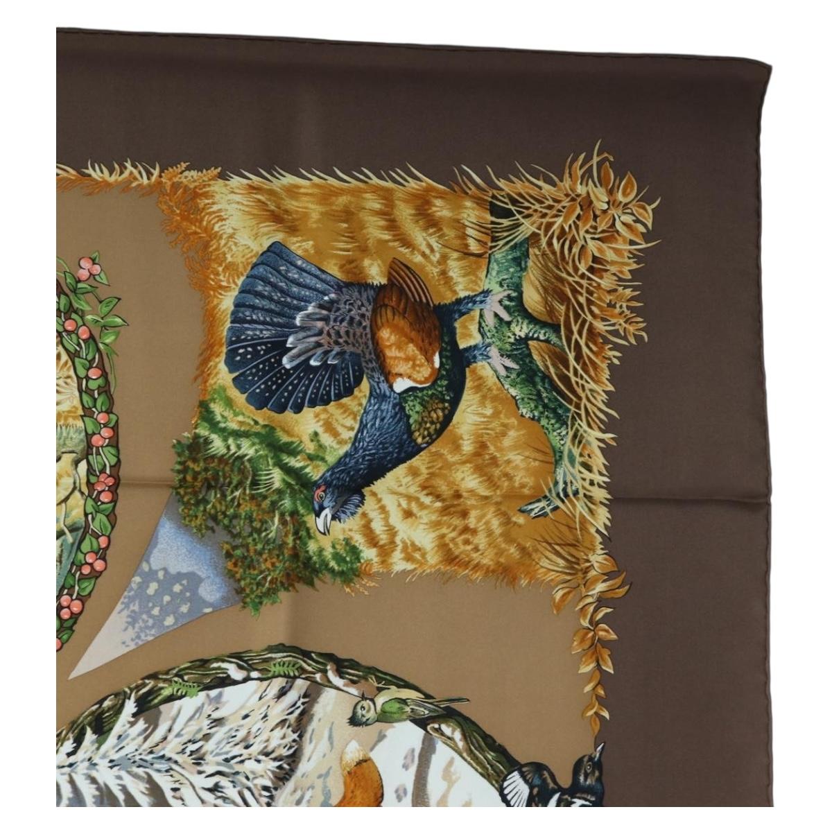 HERMES Carre 90 Scarf ”Les Quatre Saisons” Silk Brown Auth am12077M