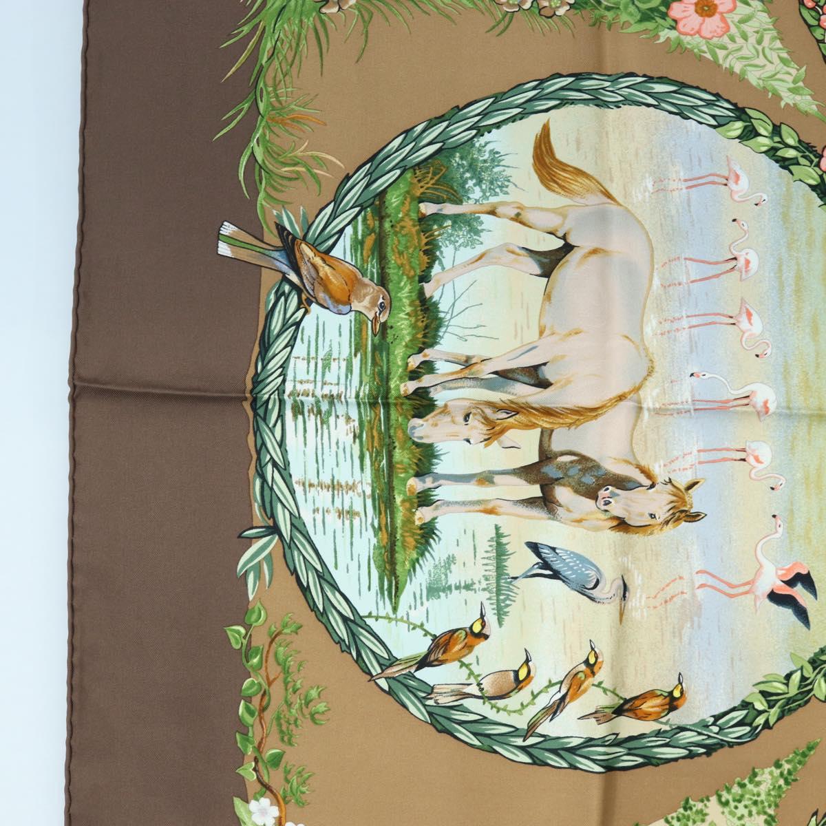 HERMES Carre 90 Scarf ”Les Quatre Saisons” Silk Brown Auth am12077M