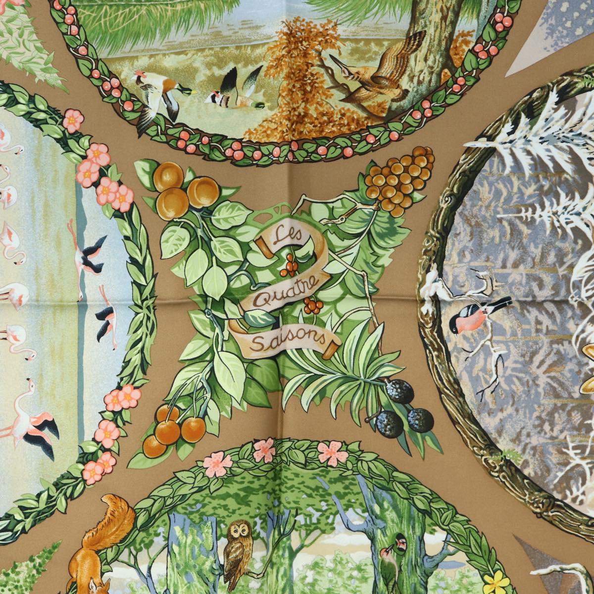 HERMES Carre 90 Scarf ”Les Quatre Saisons” Silk Brown Auth am12077M