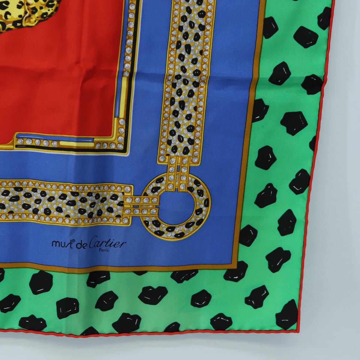 CARTIER Leopard Pattern Scarf Silk Green Blue Auth am12079M