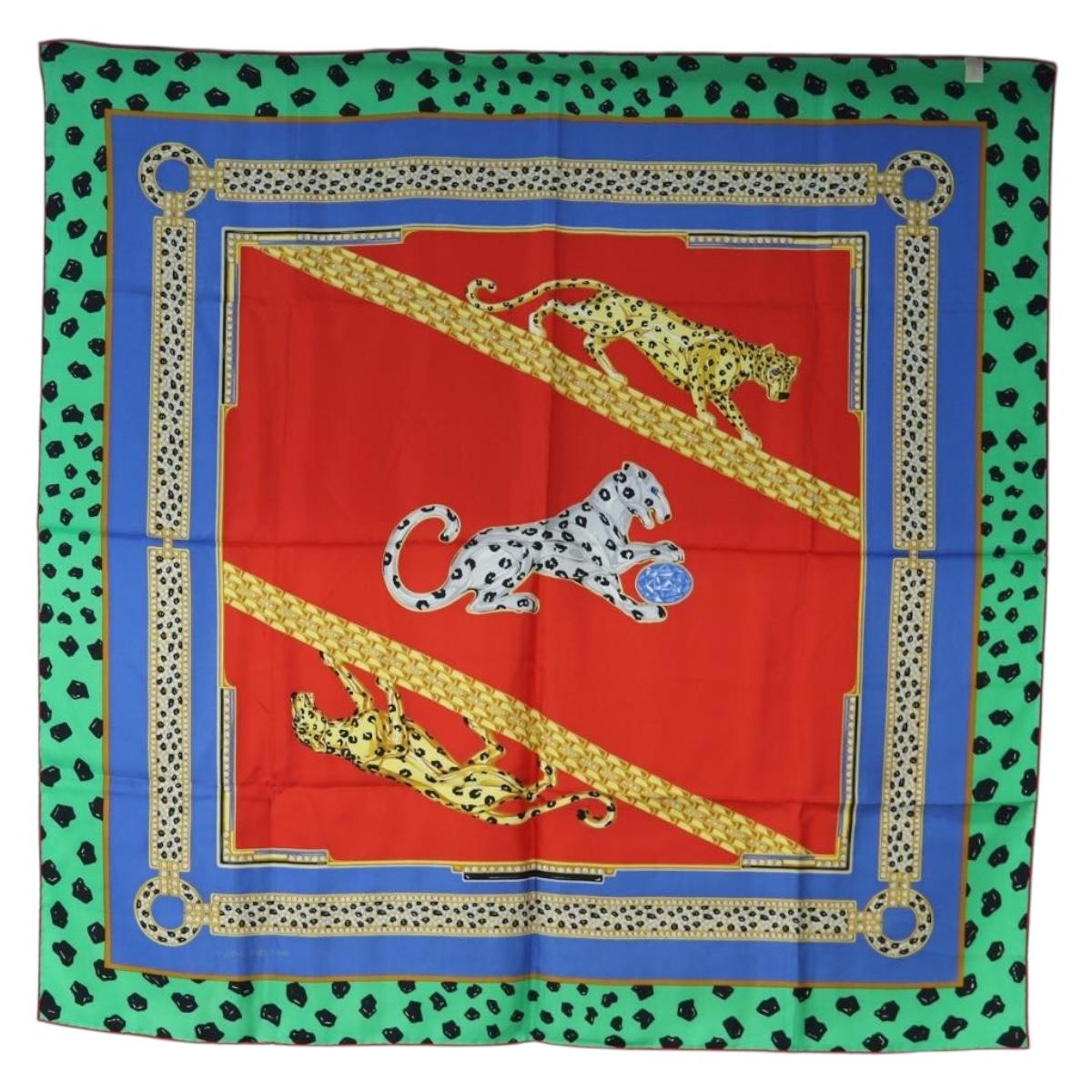CARTIER Leopard Pattern Scarf Silk Green Blue Auth am12079M