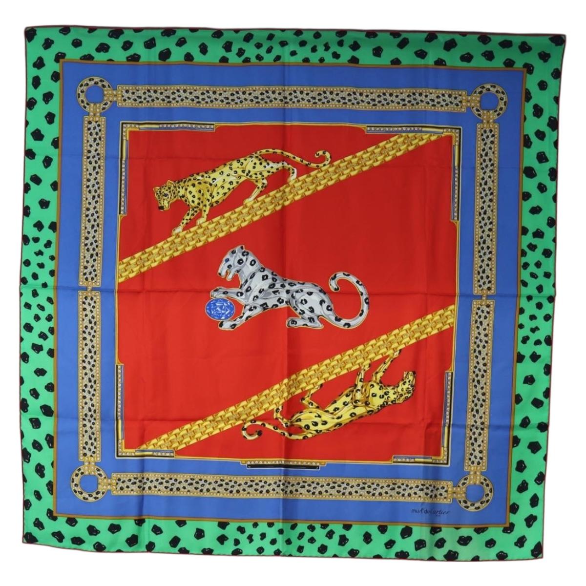 CARTIER Leopard Pattern Scarf Silk Green Blue Auth am12079M