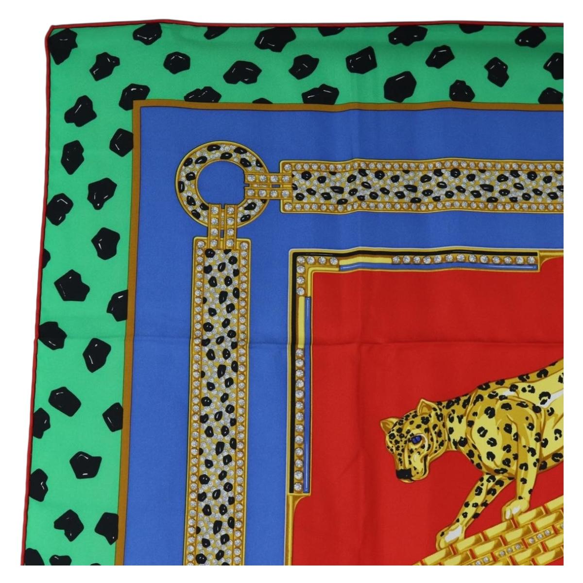 CARTIER Leopard Pattern Scarf Silk Green Blue Auth am12079M