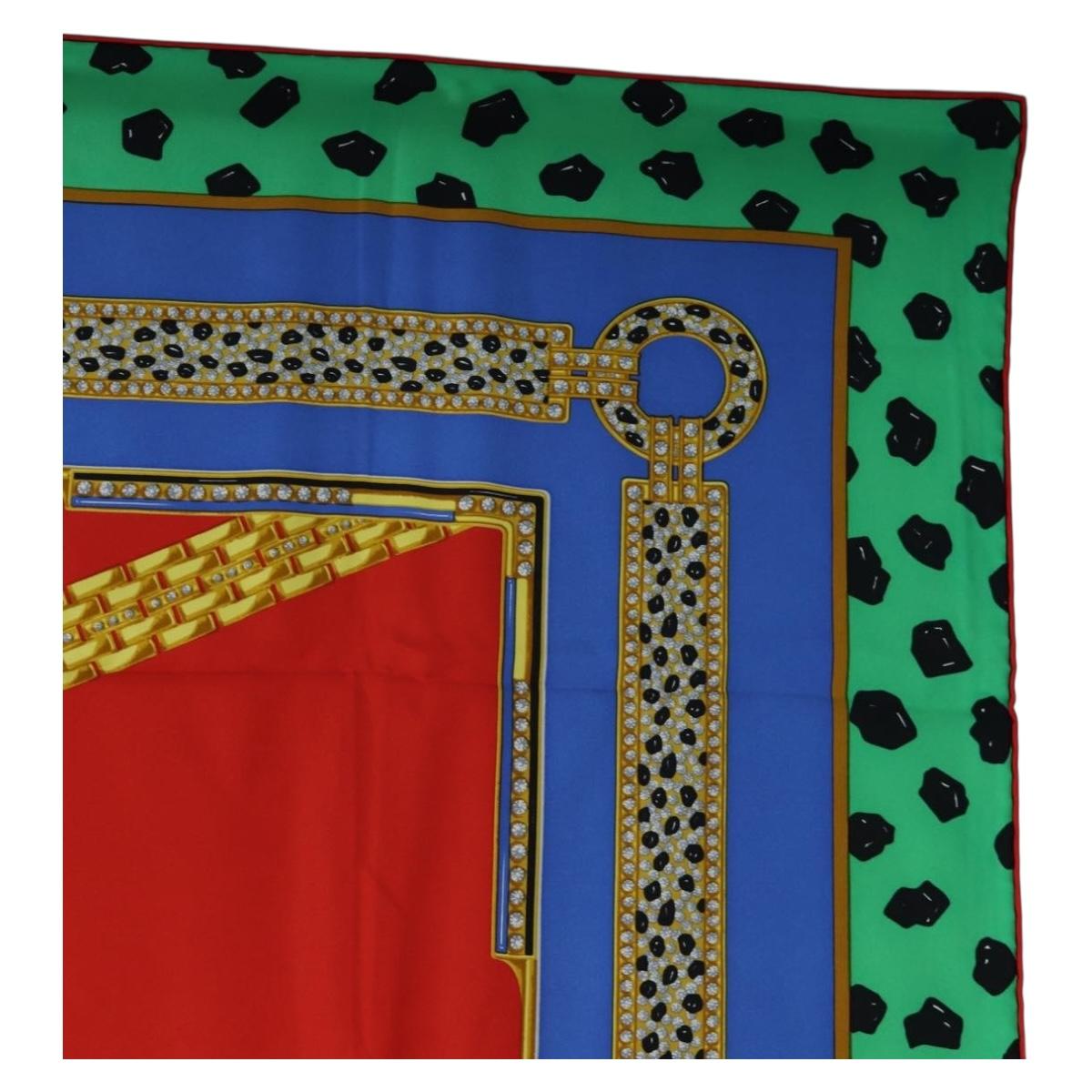 CARTIER Leopard Pattern Scarf Silk Green Blue Auth am12079M