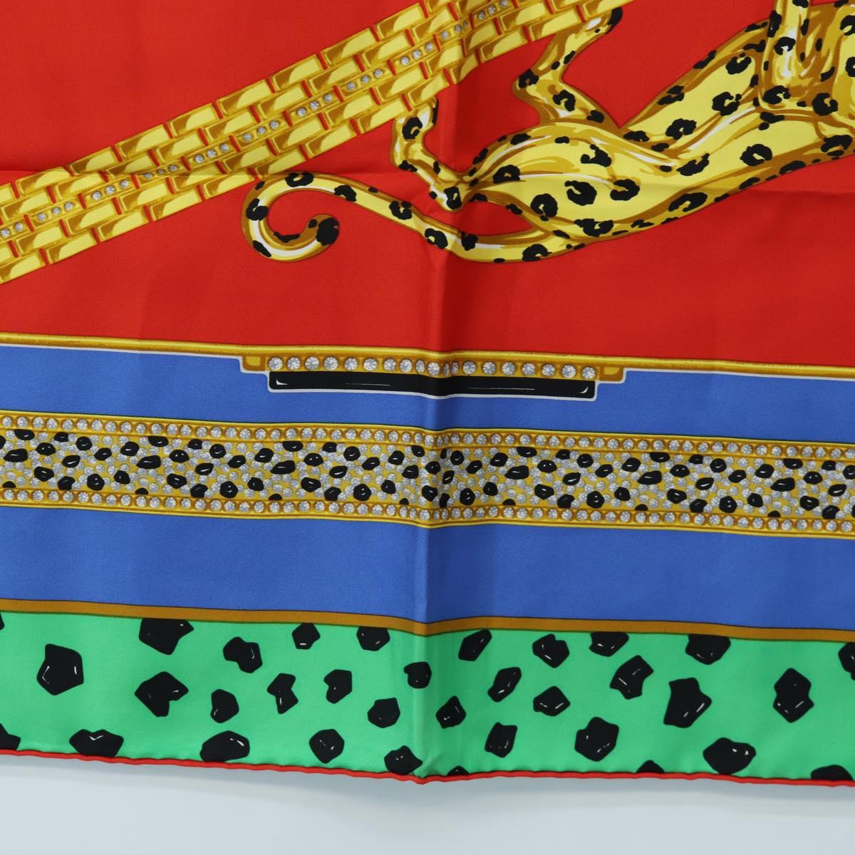 CARTIER Leopard Pattern Scarf Silk Green Blue Auth am12079M