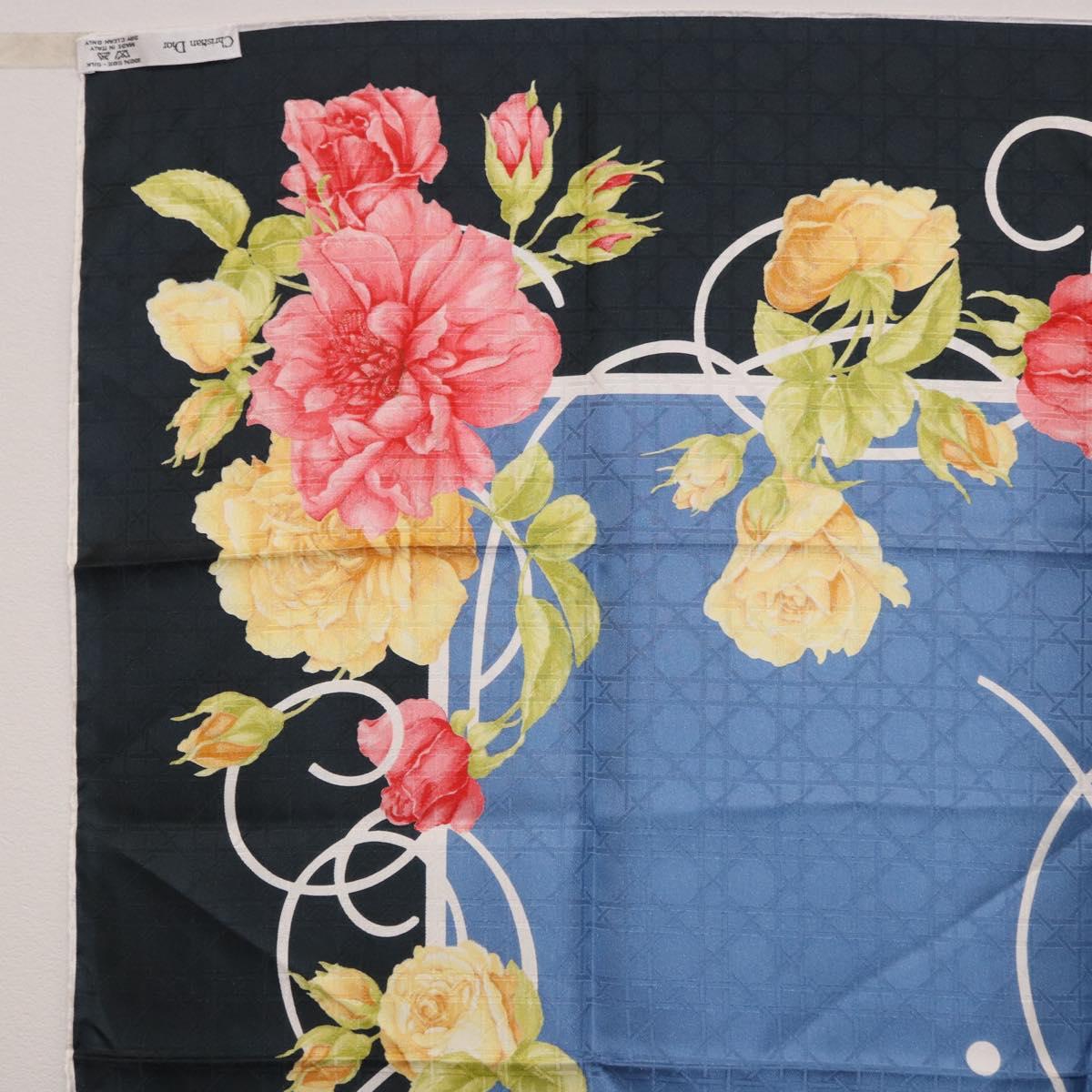 Christian Dior Floral Scarf Silk Black Blue Auth am12095M