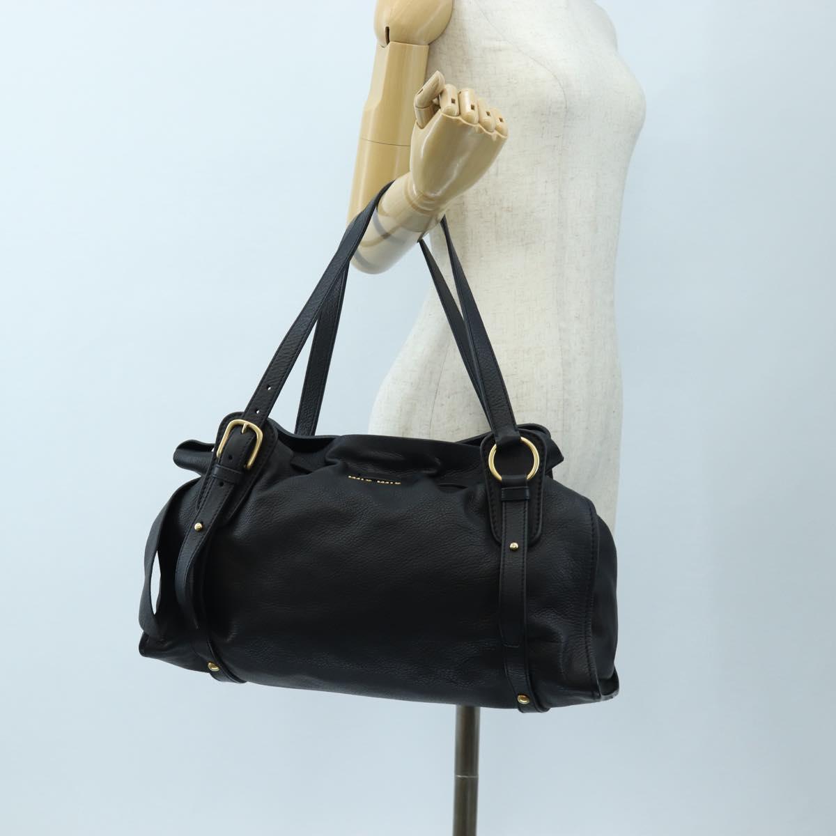 Miu Miu Side Ribbon Tote Bag Leather Black Gold RR1312 Auth am12103SAM